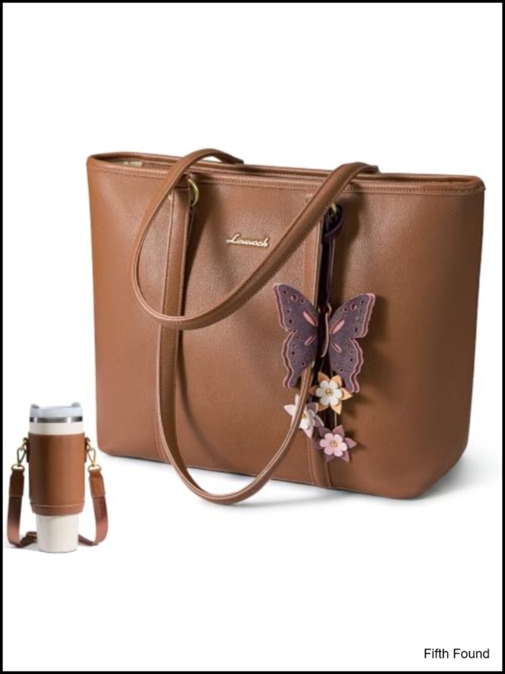 Vegan leather tote handbag with butterfly pendant and water bottle carrier